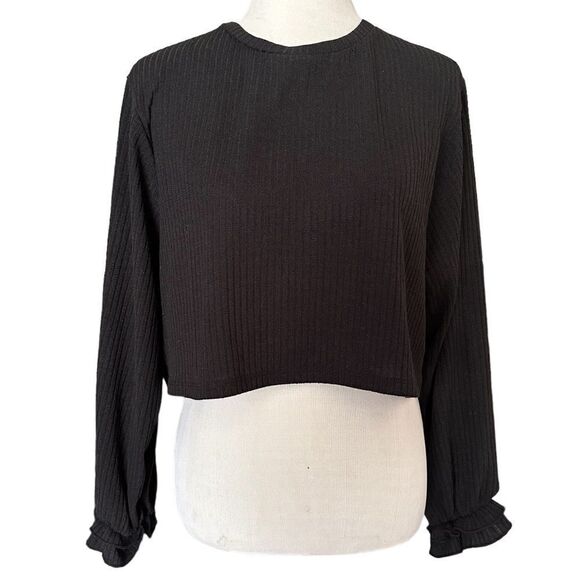 HYFVE Black Mid Cropped Soft Flowy Boho Long Sleeved Workwear Blouse Shirt Top - Picture 1 of 4